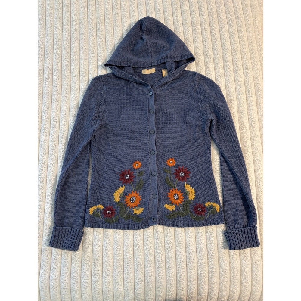 Vintage Kate Hill floral Embroidered Button up hoodie Cardigan women medium blue